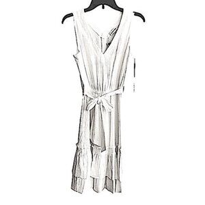 Calvin Klein Ruffle Hem Sleeveless Dress Belted Double V-neck Off White Size 4